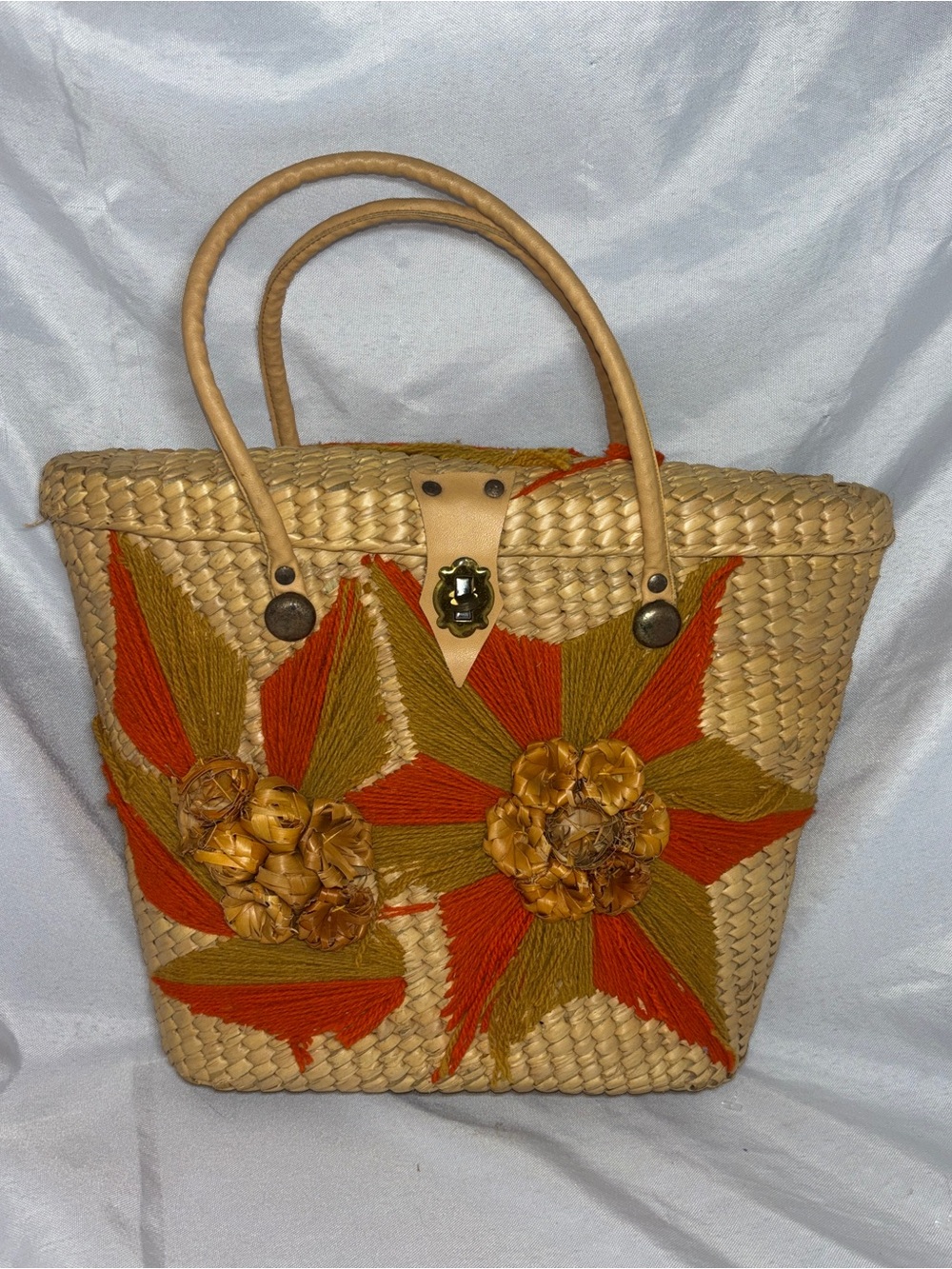 Vintage Floral Raffia Straw Large Tote Handmade Woven Bag Cottage Core